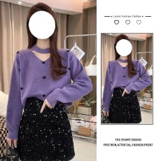 批发2025秋冬新款穿搭一整套设计感挂脖针织毛衣女洋气减龄短裙两件套