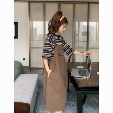 批发清新甜美学院风背带连衣裙套装女夏季新款休闲<b class='q'>宽松</b>条纹短袖两件套