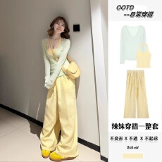 2026早春多巴胺奶系穿搭一整套超火学院风显白高级感裤子三件套装