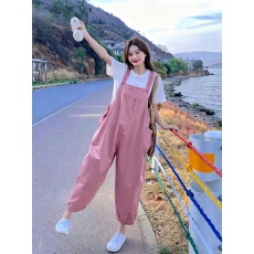 批发粉色甜酷减龄工装<b class='q'>背带裤</b>套装女夏天新款韩版洋气减龄学院风连体裤