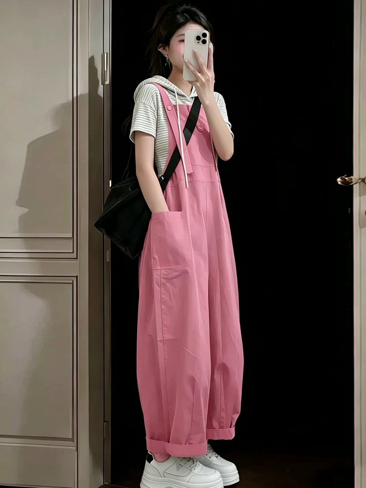 작은 키 도파민 데님 멜빵 바지 여성 2026 새로운 여름 얇은 스타일 일본식 느긋한 바람 루즈핏 워크웨어 팬츠