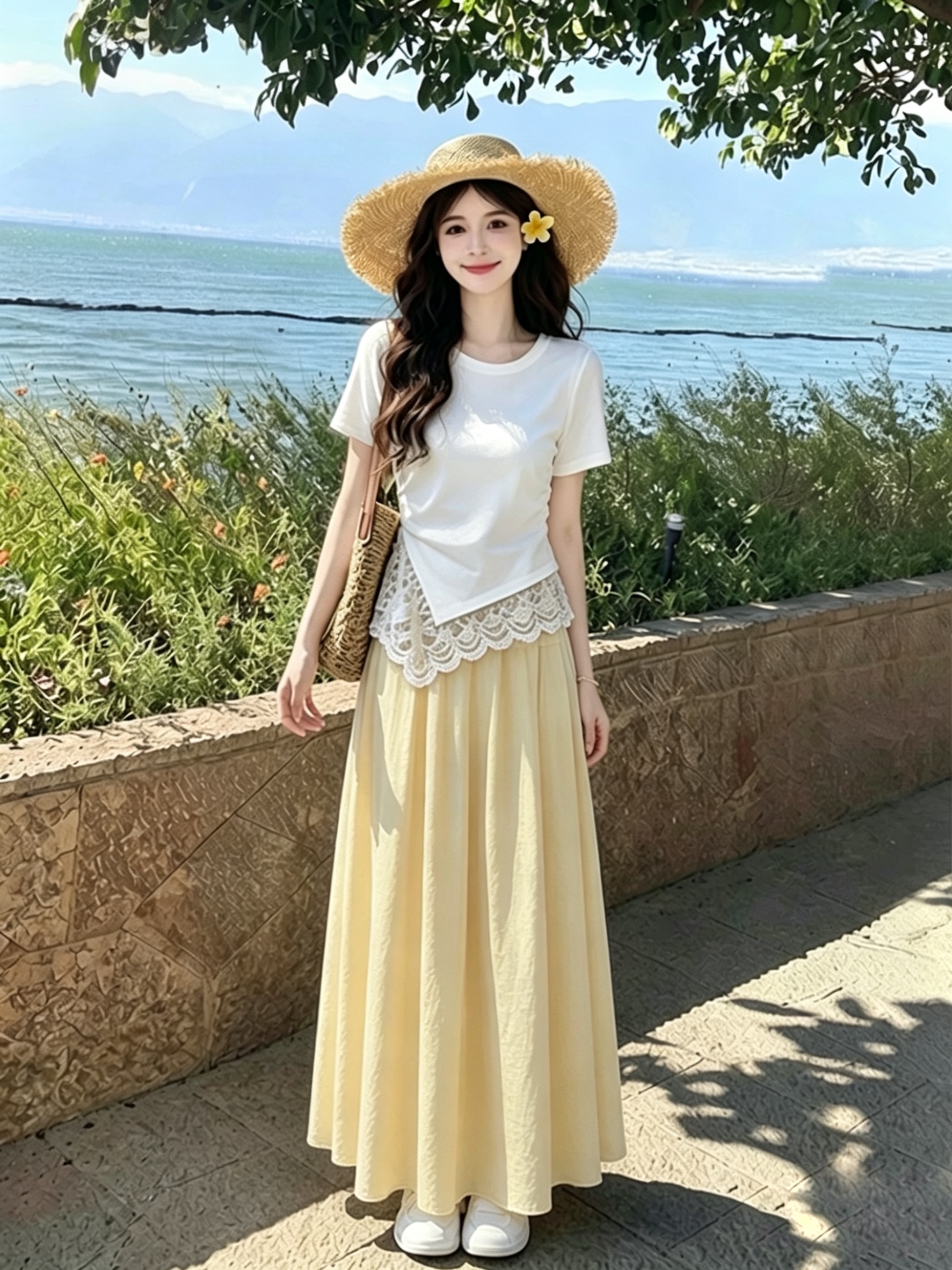 2026 여름 새로운 고유 한 아름다운 작은 세트 품격 티셔츠 패치워크 레이스 가져 가라. 황색 반신 스커트 투피스 세트