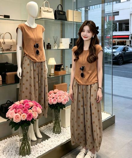 한 부서 그레이트 통해보기 가져 가라. 전체 집합 2026 새로운 주황색 티셔츠 맨위 여성 여름 캐주얼 바지 투피스 세트