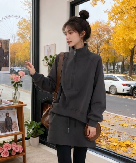 새로운 2026 노인 소매 터틀넥 가을 겨울철 세련된 루즈핏 후드티 한국 스타일 디자인 센스 투피스 세트 여성 의류 지퍼
