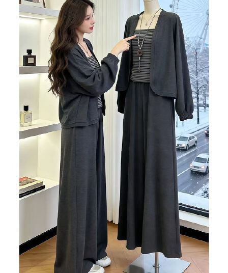 자이언트 잘 생긴 한 부서 ootd 착용 가져 가라. 전체 집합 이른 가을 2026 새로운 슬립 맨위 여성 와이드 레그 팬츠 세 조각 세트