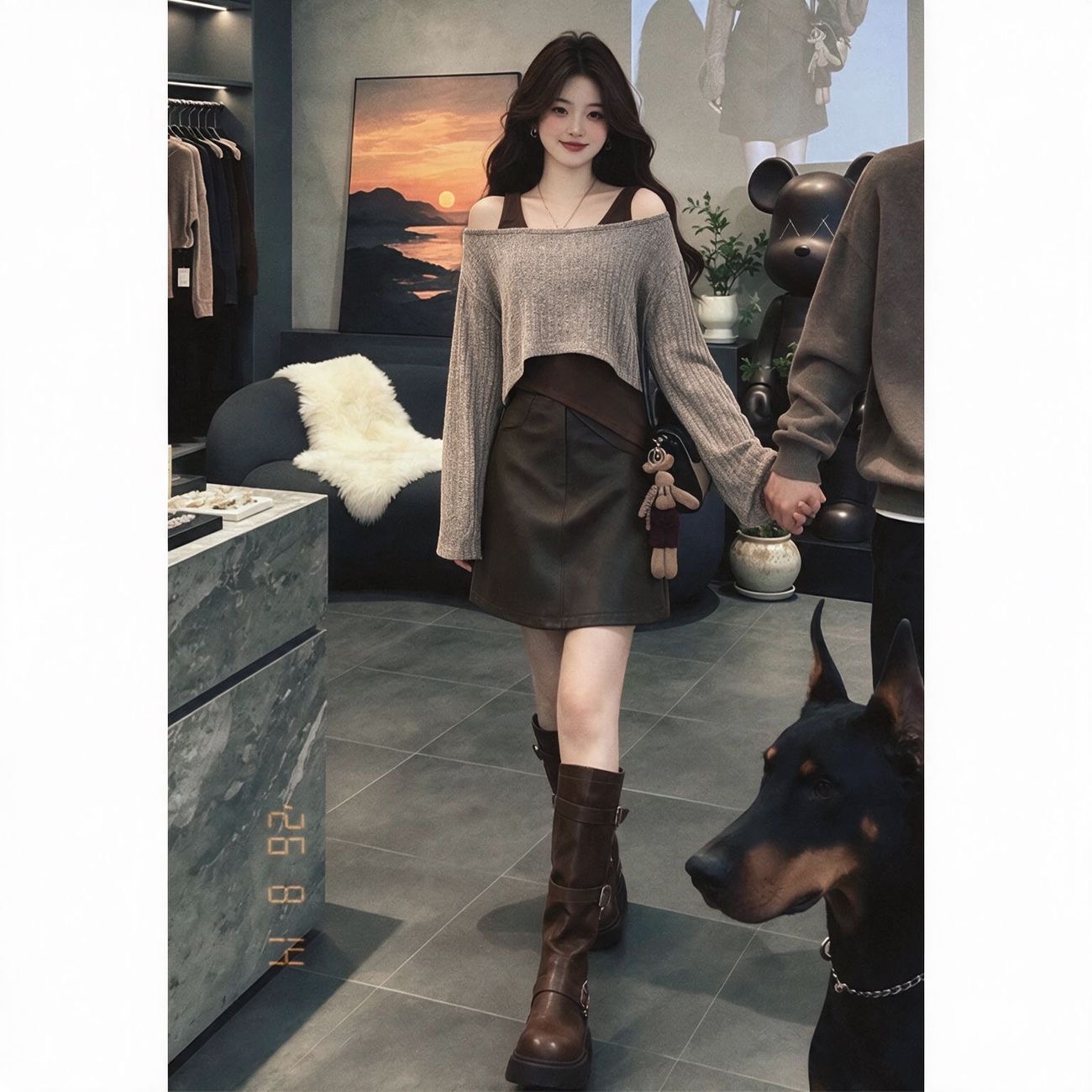 BY36172# 美拉德早秋一整套女春秋款韩系氛围感露肩上衣吊带短裙高级三件套 服裝批發女裝批發服飾貨源