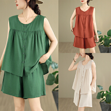 批发实拍2026夏季套装女时尚<b class='q'>大码</b>胖MM女装宽松无袖上衣休闲短裤两件套