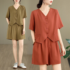 批发<b class='q'>大码</b>欧货小香风休闲时尚减龄棉麻女夏装胖mm显瘦短袖短裤两件套装