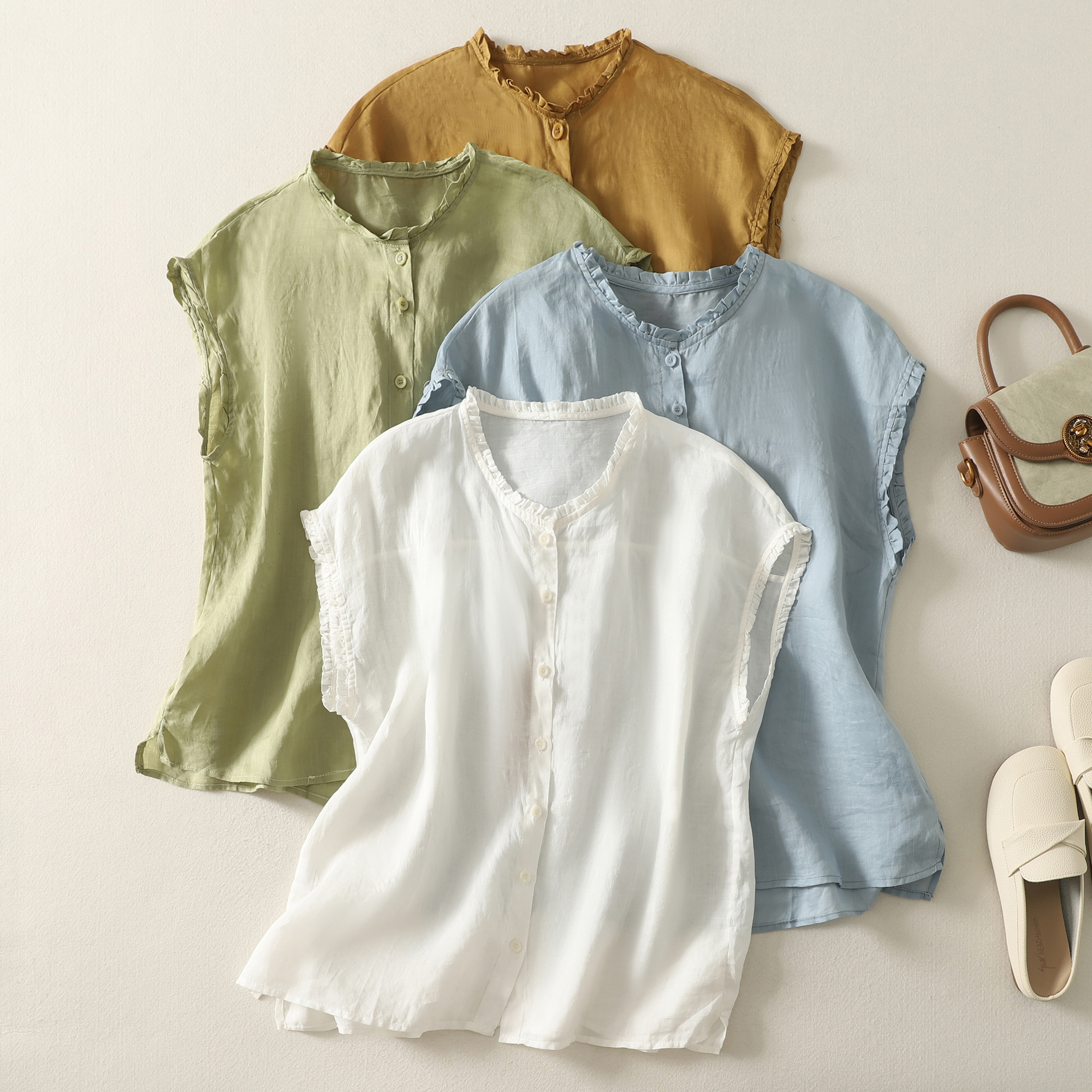 실사 2026 목이버섯 패치워크 면 린넨 셔츠 프랑스식 여름 여성 셔츠 오픈 가디건 여름 다용도 품격 문예