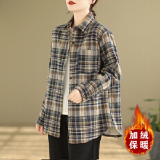 批发实拍2026春秋复古港风磨毛全棉衬衫女装加绒格子长袖保暖衬衣外套