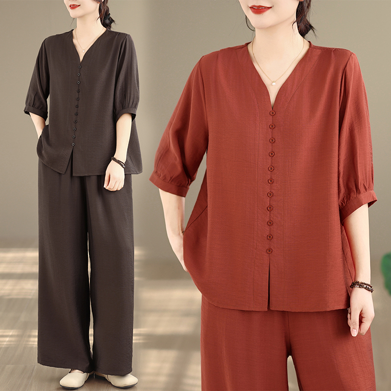 2026 실사 면 린넨 세트 여성 여름 루즈핏 빅 사이즈 슬림해 보이는 연령 감소 티셔츠 와이드 레그 팬츠 투피스 세트