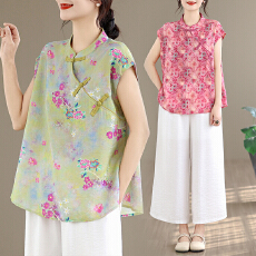 批发实拍2026夏装复古大码遮肉无袖印花<b class='q'>棉麻</b><b class='q'>上衣</b>女高端<b class='q'>棉麻</b>短裤套装