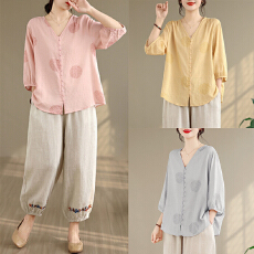 批发实拍2026新款韩版大码显瘦印花文艺复古两件套时髦<b class='q'>棉麻</b>夏季套装女