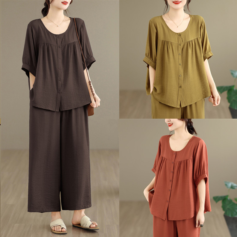 실사 2026 여름 세트 여성 패션 빅 사이즈 지방 mm 루즈핏 반팔 맨위 캐주얼 8 점 바지 투피스 세트