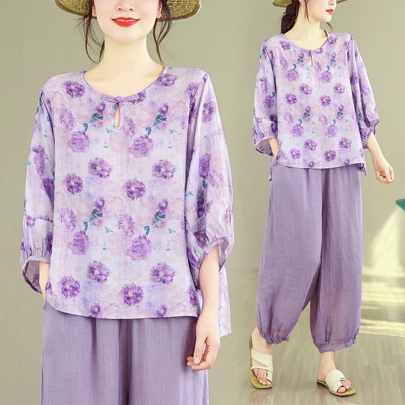 실사 2026 여름 민족 스타일 면 소재 세트 여성 레트로 프린트 맨위 하렘 바지 외국 가스 티셔츠 루즈핏 슬림해 보이는