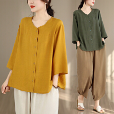批发实拍2026<b class='q'>韩版</b>大码显瘦纯色文艺复古中袖衬衫宽松哈伦<b class='q'>裤</b>夏季套<b class='q'>装</b>女
