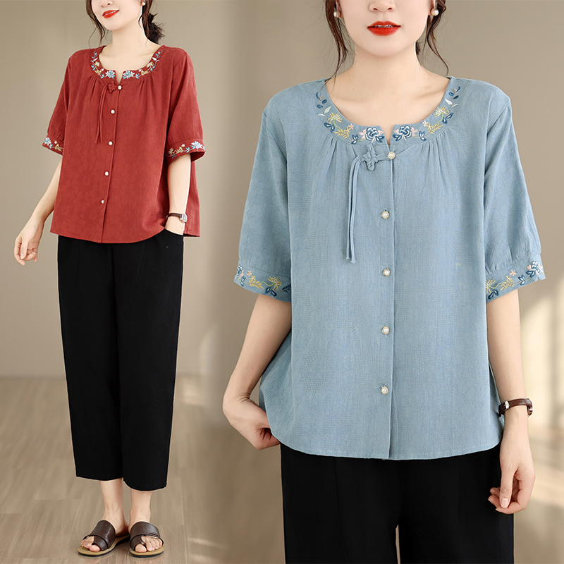 실사 2026 여름 작은 키 루즈핏 슬림해 보이는 면 린넨 중식 자카드 맨위 캐주얼 하렘 바지 세트 여성