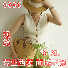 批发法式复古V领马甲背心女夏季薄款设计感收腰叠穿短款无袖西装上衣