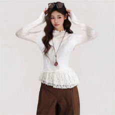 批发汇兴达【原版布料 220克】<b class='q'>甜美</b>风蕾丝拼接长袖T恤显瘦上衣韩