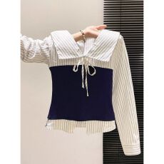 批发汇兴达【原版布料】 秋季新款韩系条纹撞色系带修身显瘦翻领<b class='q'>衬衫</b>