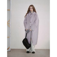 批发popchrio设计感羊毛连帽双面呢大衣小个子灰色毛呢外套中长款女