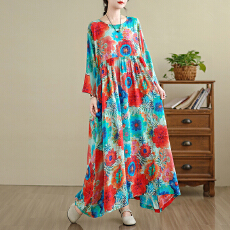 批发2025实拍听花香宽松云锦纱袍子显瘦a字文艺长款棉麻<b class='q'>连衣裙</b>