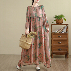 批发2025实拍复古百搭数码印花高定云锦纱长裙棉麻<b class='q'>连衣裙</b>