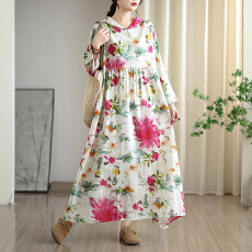 批发2025早秋新款复古小众温柔风高级云锦沙棉麻连帽印花<b class='q'>连衣裙</b>大码