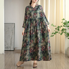 批发2025早秋新款复古小众温柔风高级云锦沙棉麻连帽印花<b class='q'>连衣裙</b>大码
