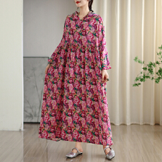 批发2025早秋新款复古小众温柔风高级云锦沙棉麻连帽印花<b class='q'>连衣裙</b>大码