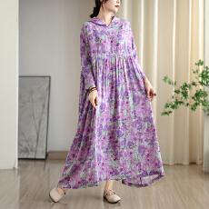 批发2025早秋新款复古小众温柔风高级云锦沙棉麻连帽印花<b class='q'>连衣裙</b>大码