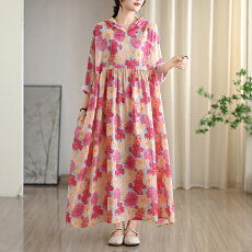 批发2025早秋新款复古小众温柔风高级云锦沙棉麻连帽印花<b class='q'>连衣裙</b>大码