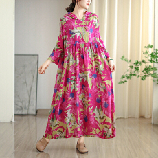批发2025早秋新款复古小众温柔风高级云锦沙棉麻连帽印花<b class='q'>连衣裙</b>大码