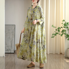批发2025早秋新款复古小众温柔风高级云锦沙棉麻连帽印花<b class='q'>连衣裙</b>大码