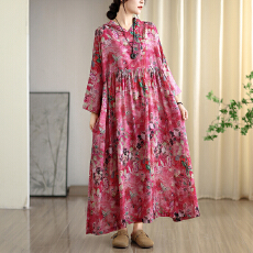 批发2025早秋新款复古小众温柔风高级云锦沙棉麻连帽印花<b class='q'>连衣裙</b>大码