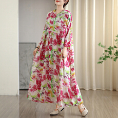 批发2025早秋新款复古小众温柔风高级云锦沙棉麻连帽印花<b class='q'>连衣裙</b>大码