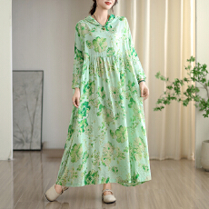 批发2025早秋新款复古小众温柔风高级云锦沙棉麻连帽印花<b class='q'>连衣裙</b>大码