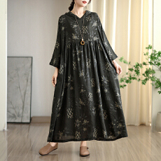 批发2025早秋新款复古小众温柔风高级云锦沙棉麻连帽印花<b class='q'>连衣裙</b>大码