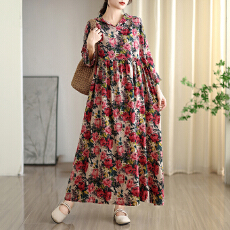 批发2025早秋新款复古小众温柔风高级云锦沙棉麻连帽印花<b class='q'>连衣裙</b>大码