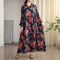 批发2025早秋新款复古小众温柔风高级云锦沙棉麻连帽印花<b class='q'>连衣裙</b>大码