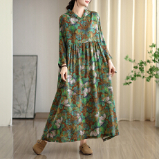 批发2025早秋新款复古小众温柔风高级云锦沙棉麻连帽印花<b class='q'>连衣裙</b>大码
