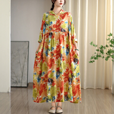 批发2025早秋新款复古小众温柔风高级云锦沙棉麻连帽印花<b class='q'>连衣裙</b>大码