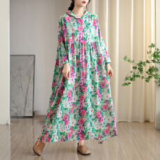 批发2025早秋新款复古小众温柔风高级云锦沙棉麻连帽印花<b class='q'>连衣裙</b>大码