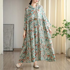 批发2025早秋新款复古小众温柔风高级云锦沙棉麻连帽印花<b class='q'>连衣裙</b>大码
