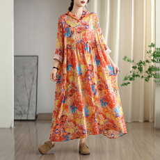 批发2025早秋新款复古小众温柔风高级云锦沙棉麻连帽印花<b class='q'>连衣裙</b>大码