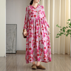 批发2025早秋新款复古小众温柔风高级云锦沙棉麻连帽印花<b class='q'>连衣裙</b>大码