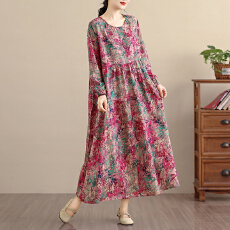 批发2026复古文艺印花连衣裙女春秋长袖<b class='q'>亚麻</b>棉长款大摆宽松花边裙