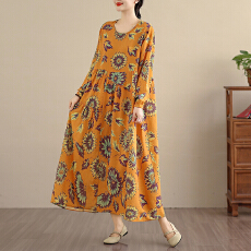批发2026复古文艺印花连衣裙女春秋长袖<b class='q'>亚麻</b>棉长款大摆宽松花边裙