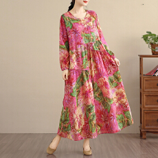 批发2026复古文艺印花连衣裙女春秋长袖<b class='q'>亚麻</b>棉长款大摆宽松花边裙