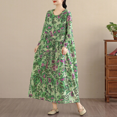 批发2026复古文艺印花连衣裙女春秋长袖<b class='q'>亚麻</b>棉长款大摆宽松花边裙